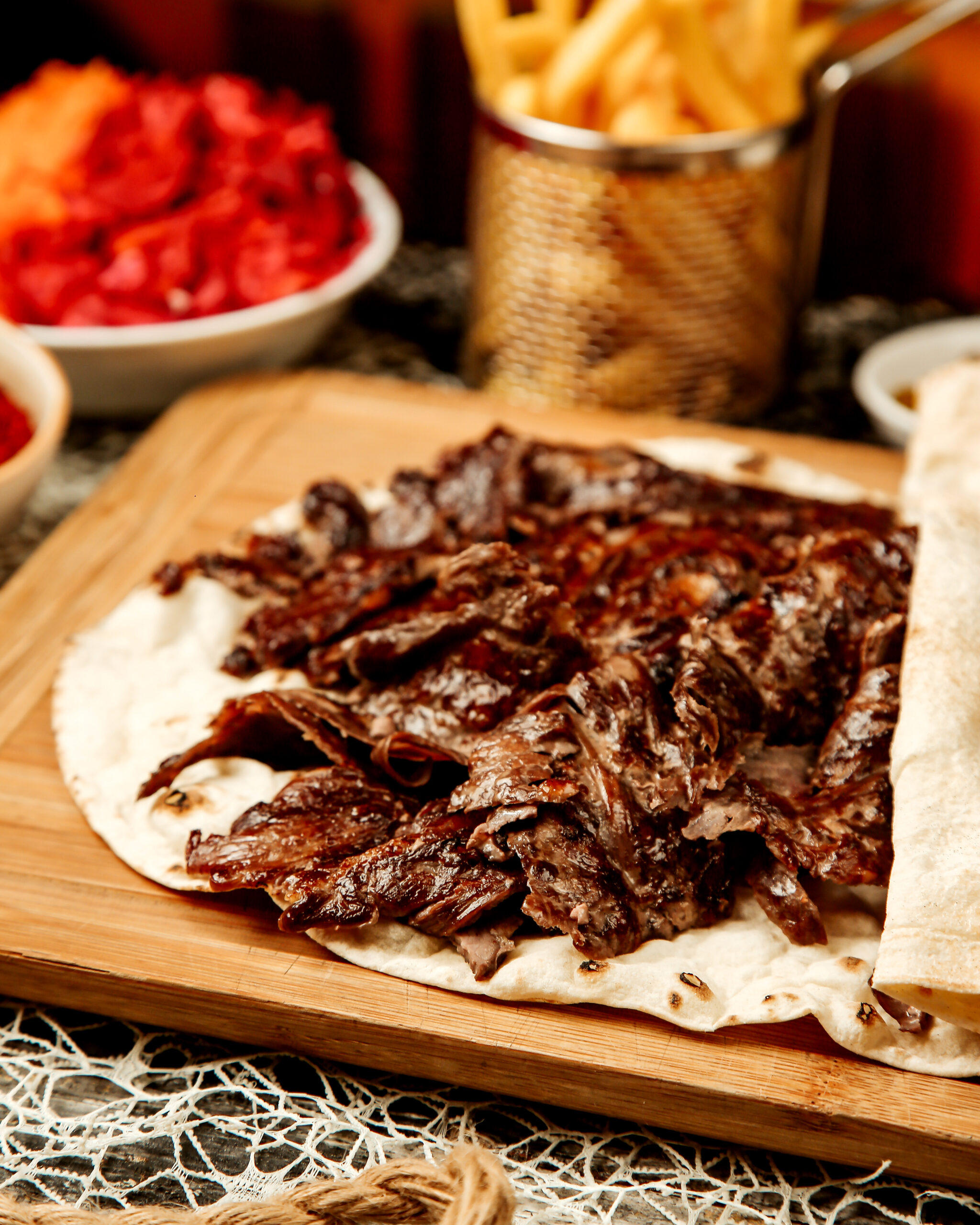 close up lamb doner kebab placed flatbread scaled